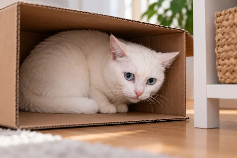 Gato blanco encogido dentro de una caja de cartón, con la mirada tensa