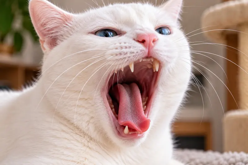 Gato blanco bostezando con la boca abierta y los dientes a la vista