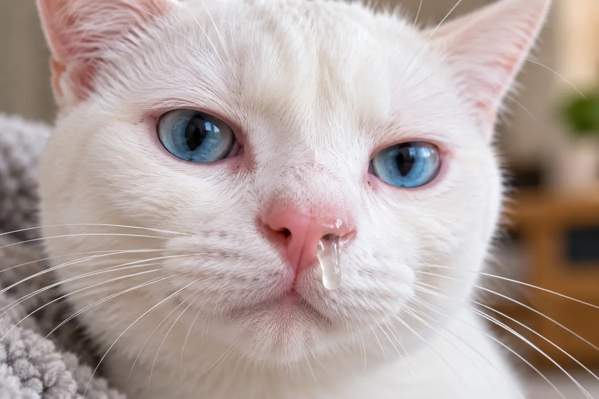 Primer plano de un gato blanco de ojos azules con una gota de moco en la nariz