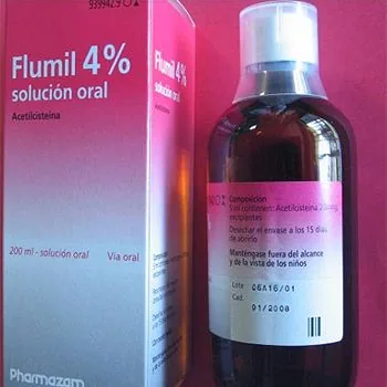 Caja y frasco de Flumil 4 % solucion oral