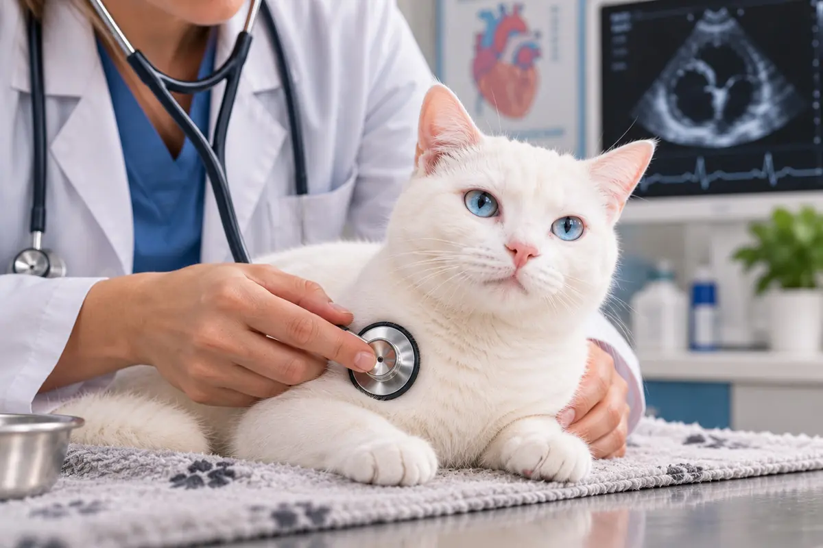 Veterinaria auscultando con un fonendoscopio a un gato blanco, con una ecografía del corazón al fondo